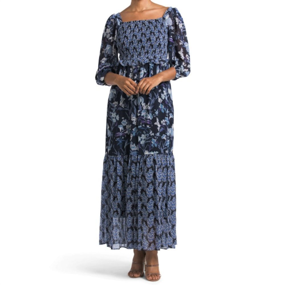 NWT Taylor Women's Floral Mixed Print Smocked Top Tiered Maxi Dress